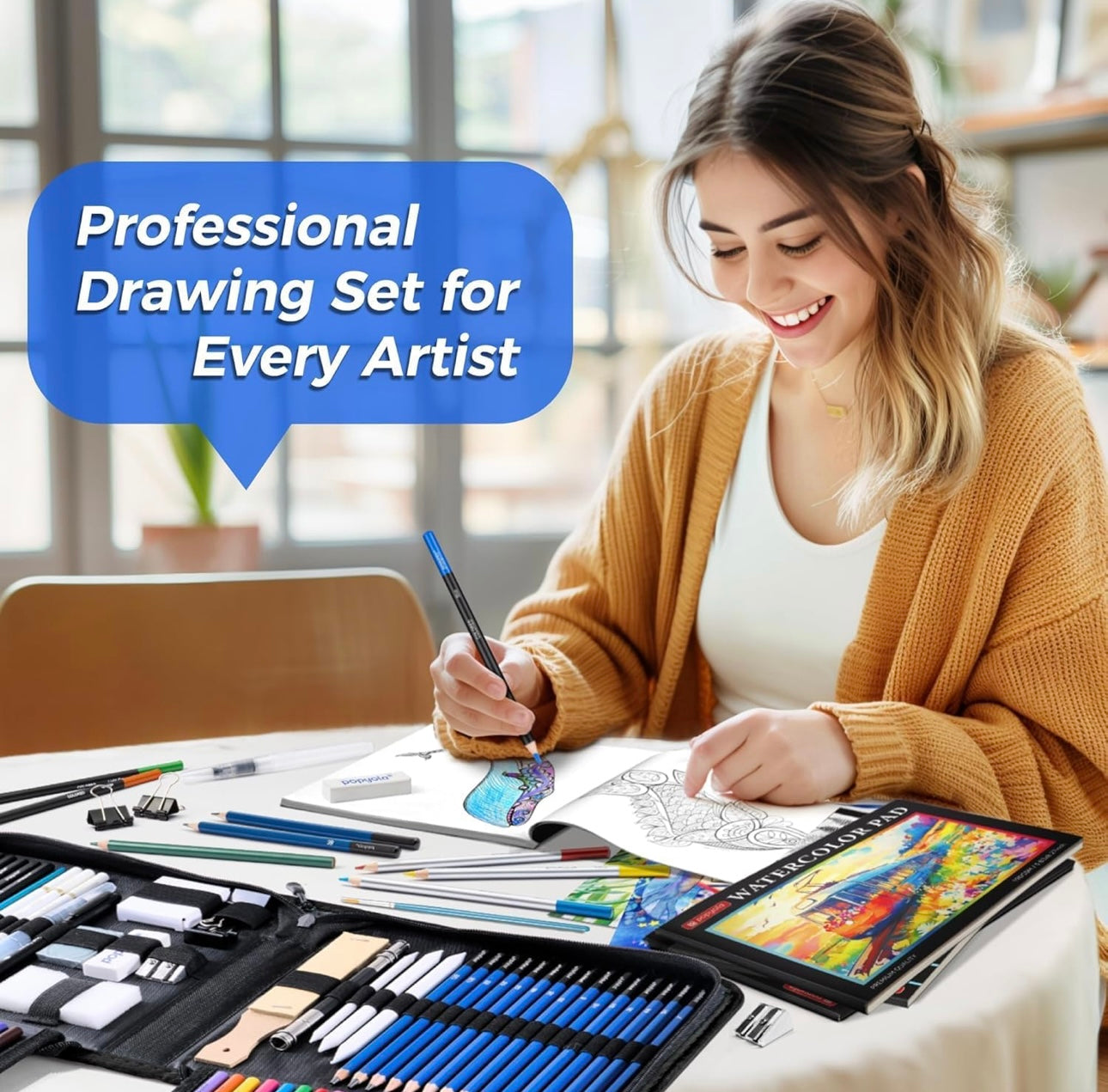 Art Set 133Pcs with Portable Aluminum Case Box Professional Artists Drawing Painting Kit for Kids Including Colored Pencils Watercolor Paints Oil Pastels(Space)-OE-012