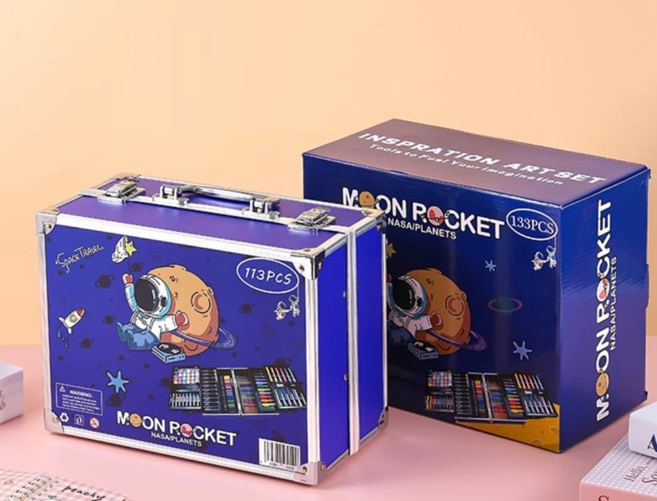 Art Set 133Pcs with Portable Aluminum Case Box Professional Artists Drawing Painting Kit for Kids Including Colored Pencils Watercolor Paints Oil Pastels(Space)-OE-012