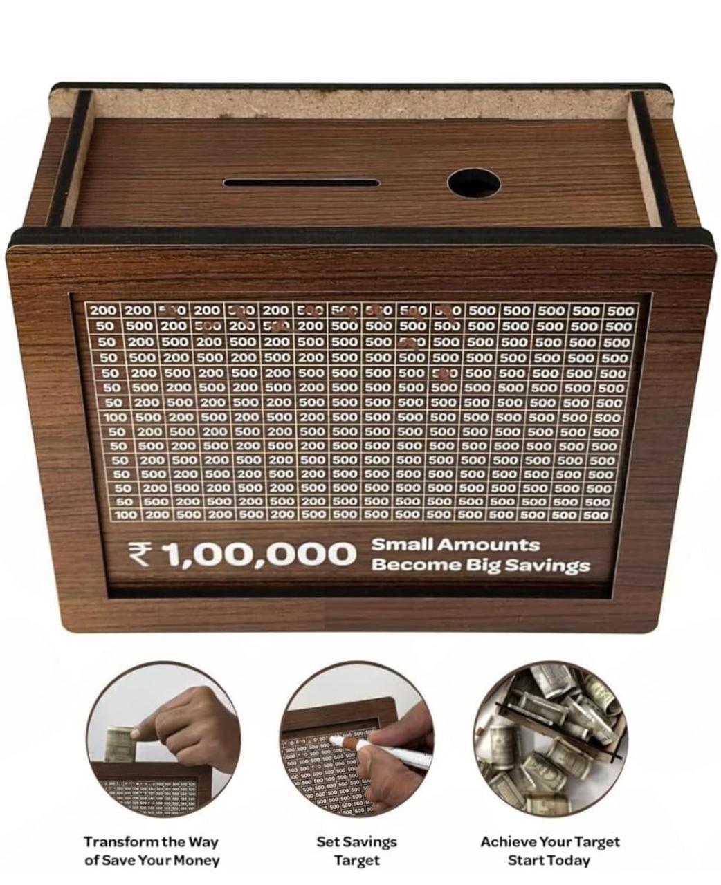 Wooden Money Saving Box – ₹1 Lakh Target Coin Bank with Tracker