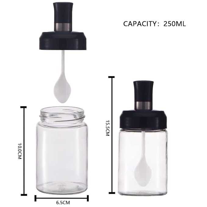 Airtight Seasoning Glass Jar with Attached Spoon – 250 ML (Pack of 1)